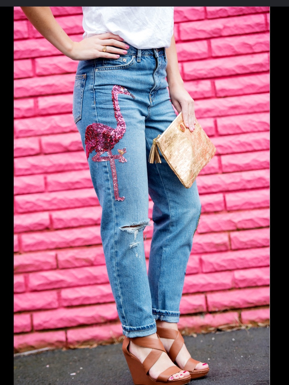 Tropical Top shop Blue Boyfriend Jeans with Pink Sequin Flamingo sz 28